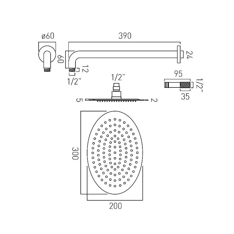 Vado Aquablade Oval Slimline Head & Arm 200x300mm 4 Vado Aquablade Oval Slimline Head & Arm 200x300mm - Image 2