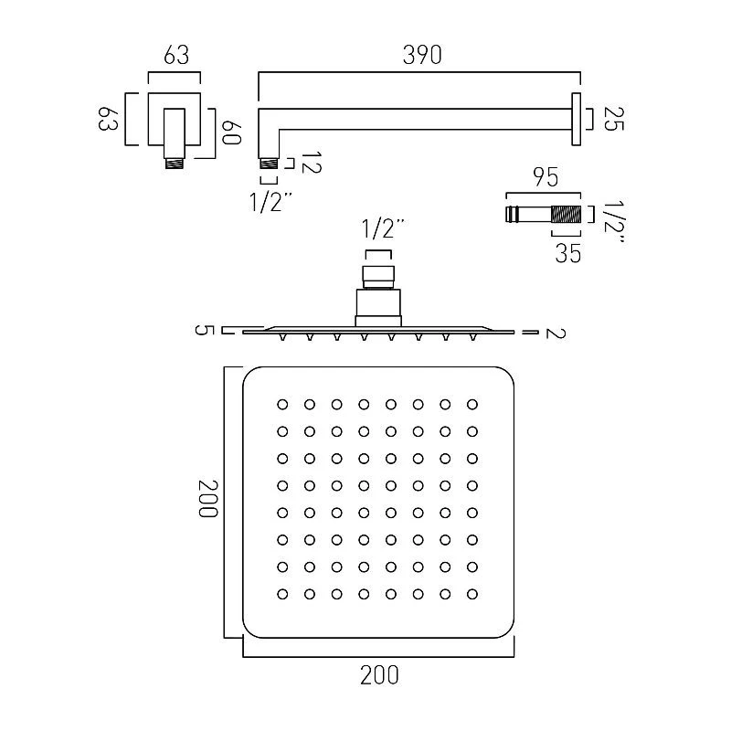 Vado Aquablade Square Slimline Head & Arm 200mm - Image 2